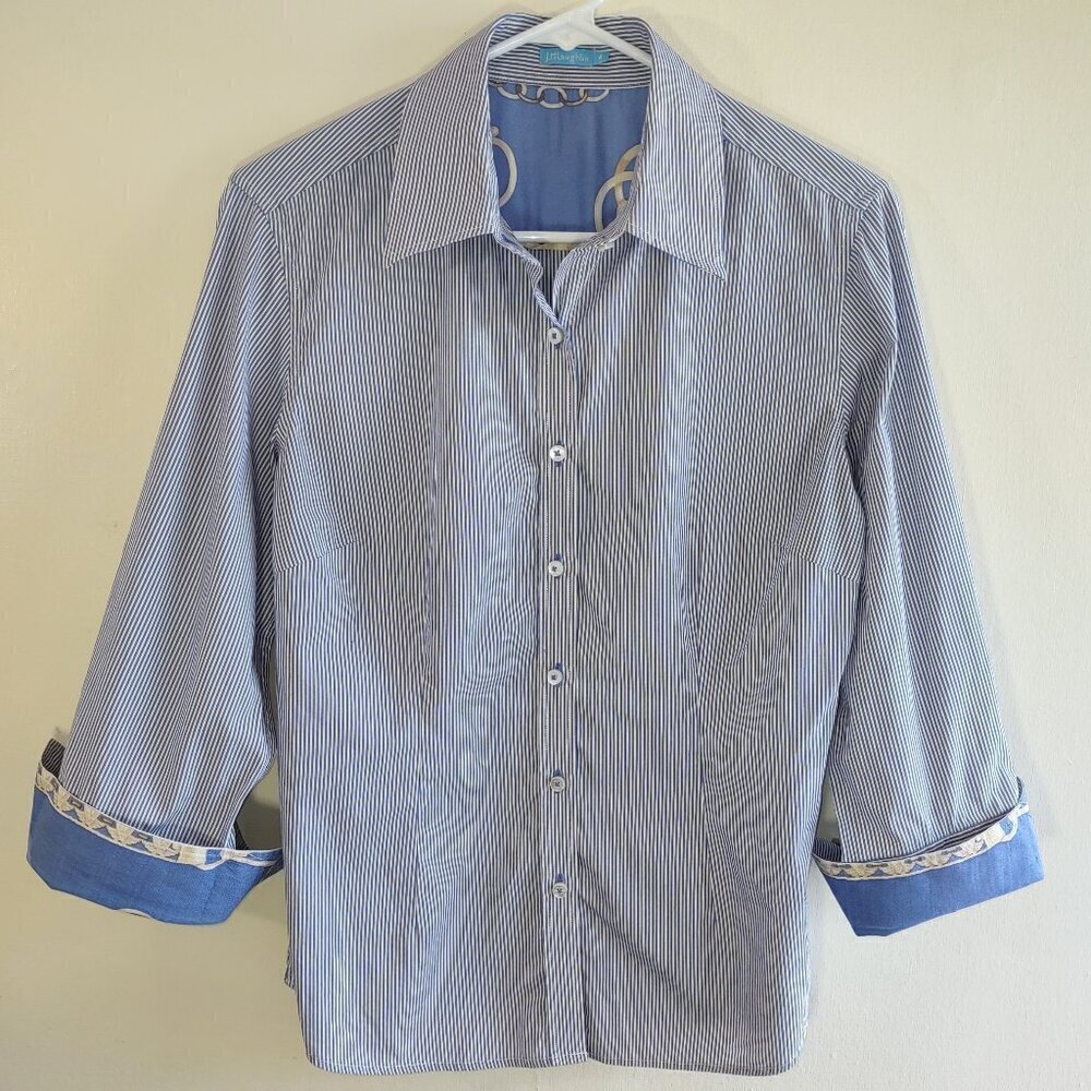 J. McLaughlin Whitney Blouse Blue Stripe 3/4 Sleeve Button Up Classic Size 6 - Picture 1 of 8